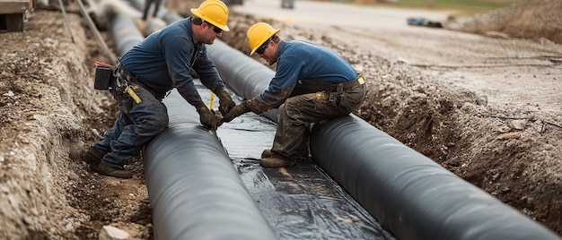 Photo quottechnicians preparing a resinimpregnated felt liner for installationquot