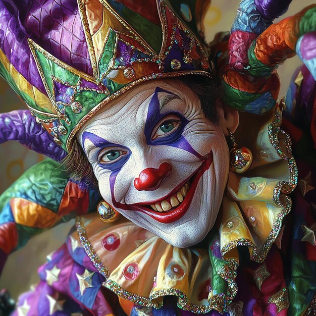 quotTraditional Mardi Gras Jester CloseUp with Vibrant Colorsquot