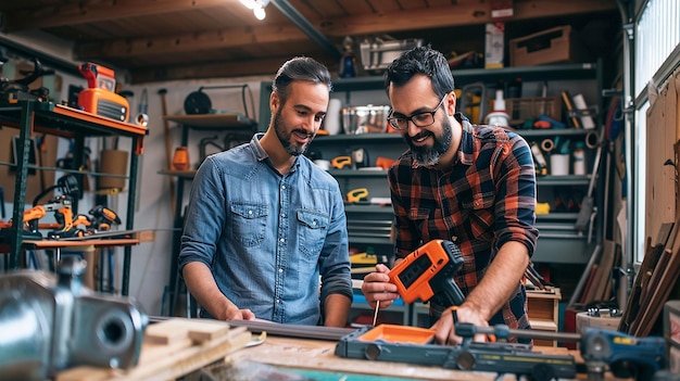 quotTwo Male Friends Working on a DIY Project Togetherquot