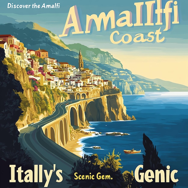 Photo quotultrarealistic retro travel poster for the amalfi coastquot