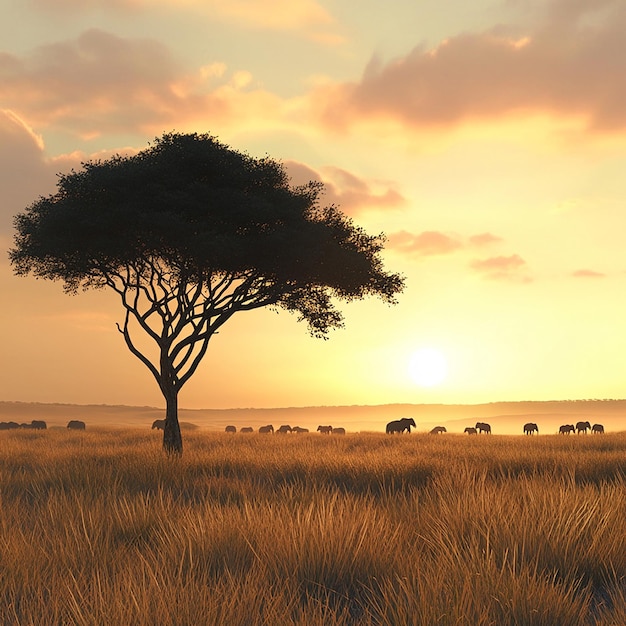 Photo quotvast african savannah at sunrise with towering treesquot