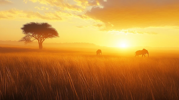 Photo quotvast african savannah at sunrise with towering treesquot