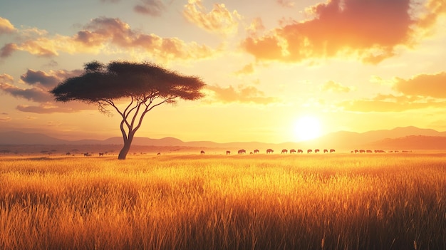 Photo quotvast african savannah at sunrise with towering treesquot