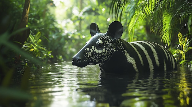 quotVibrant Malayan Tapir Wading Through Water in Natural Habitatquot