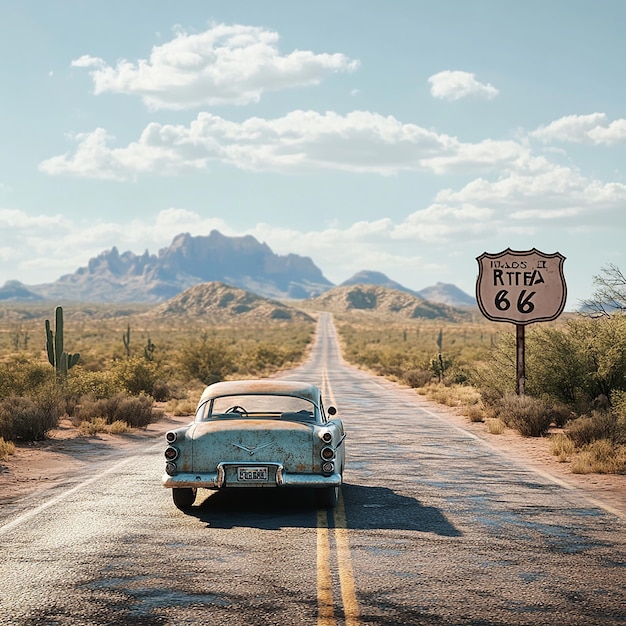 Photo quotvintage car driving down an empty stretch of route 66quot