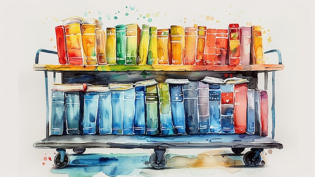 Photo quotwatercolor modern library cart with bookshelfquot