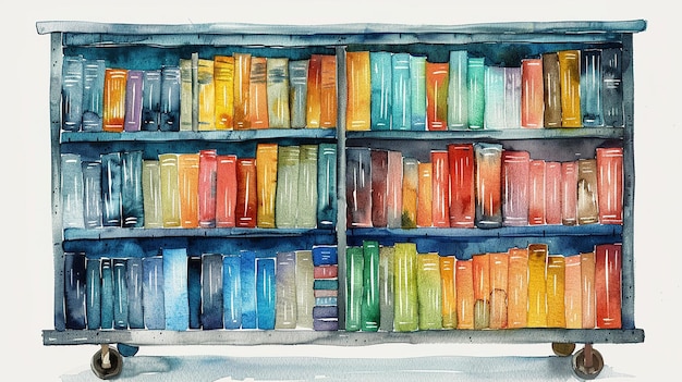 quotWatercolor Modern Library Cart with Bookshelfquot