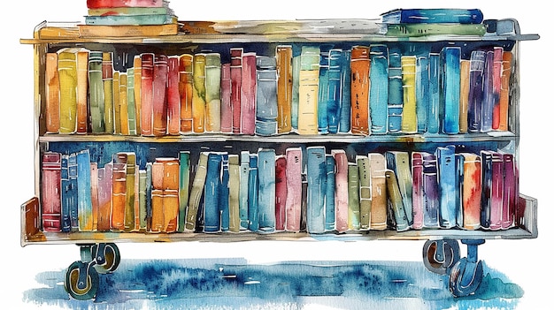 quotWatercolor Modern Library Cart with Bookshelfquot