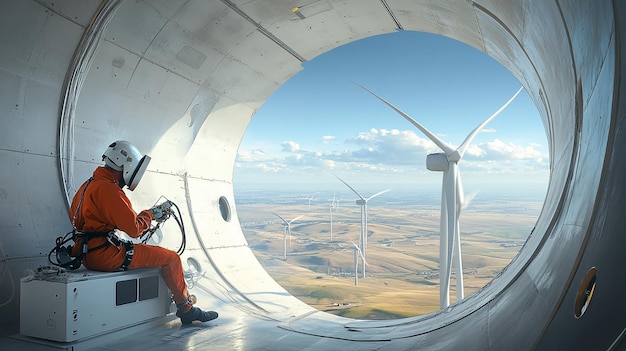 Photo quotwelder working inside a massive wind turbinequot