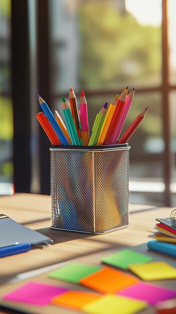 quotWellOrganized Desk Setup with Pencil Holder and Suppliesquot