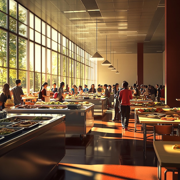 Photo quotwideangle shot of a bustling cafeteria during peak hoursquot