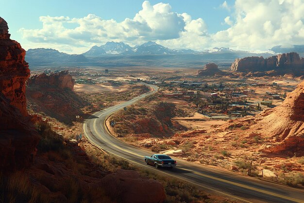 Photo quotwideangle shot of route 66 winding through a scenic landscapequot