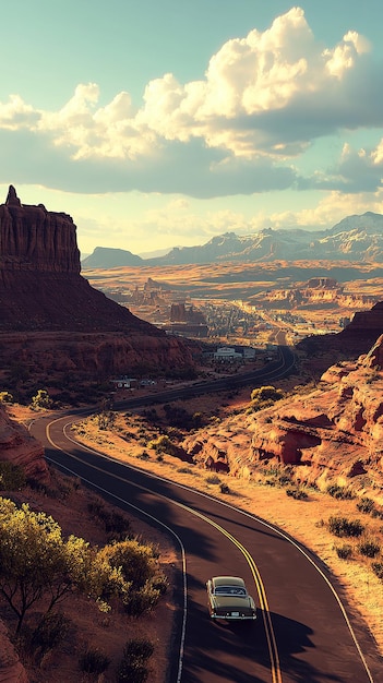 Photo quotwideangle shot of route 66 winding through a scenic landscapequot