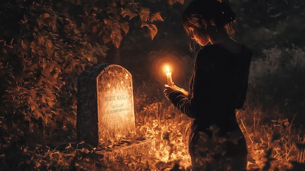 Photo quotwoman holding candle at gravesite in a moment of remembrancequot