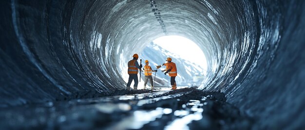 Photo quotworkers inspecting tunnel after pipe jacking completionquot