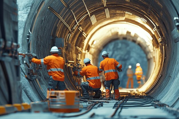 Photo quotworkers inspecting tunnel after pipe jacking completionquot