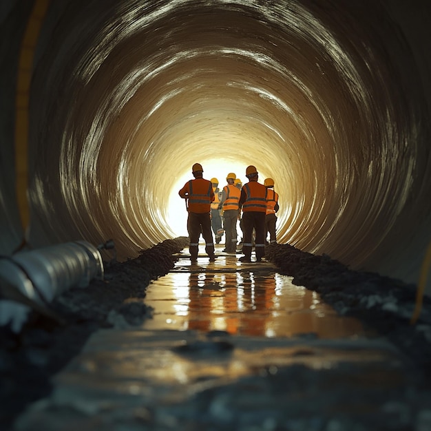 Photo quotworkers inspecting tunnel after pipe jacking completionquot