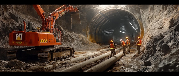 Photo quotworkers operating pipe jacking system with heavy machineryquot