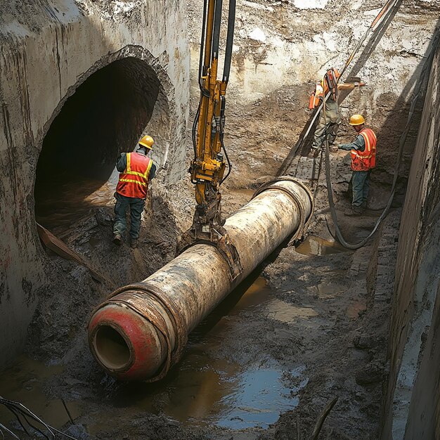 Photo quotworkers operating pipe jacking system with heavy machineryquot