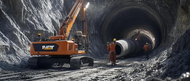 Photo quotworkers operating pipe jacking system with heavy machineryquot