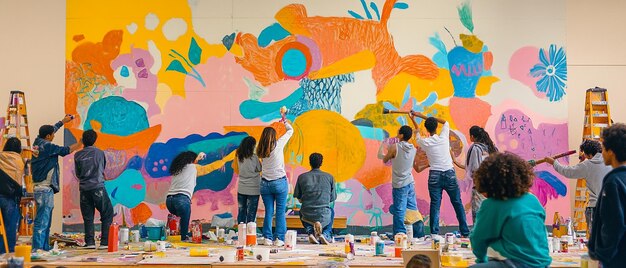 Photo quotyoung people creating a vibrant mural in progressquot