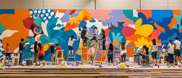 Photo quotyoung people creating a vibrant mural in progressquot