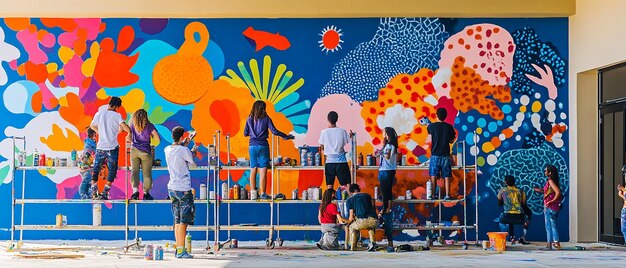 Photo quotyoung people creating a vibrant mural in progressquot