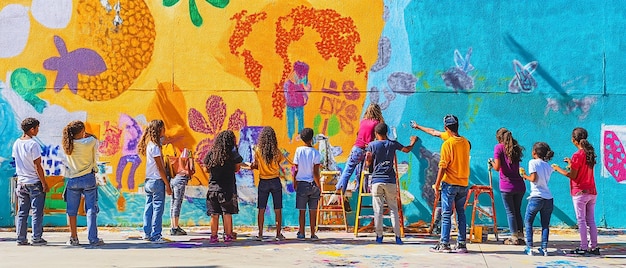 Photo quotyoung people creating a vibrant mural in progressquot