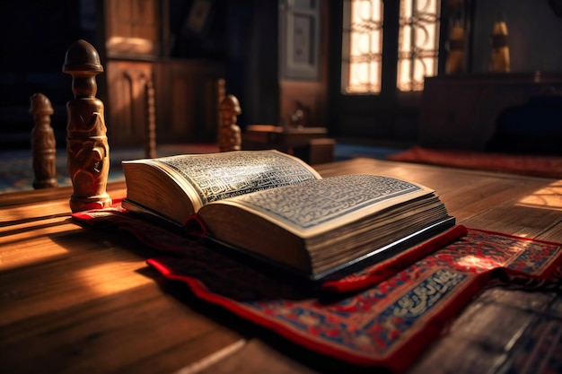 The Quran open and prominently displayed within the mosque beckons worshippers to seek solace and guidance through prayer