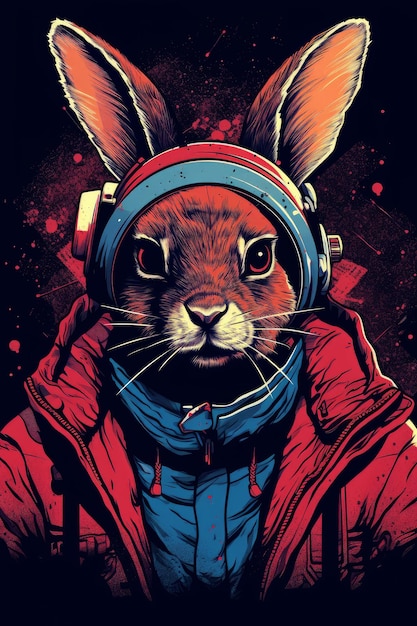 A rabbit in an astronaut suit with a red and blue helmet.