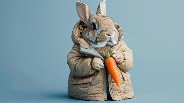 Rabbit in autumn jacket with carrot on isolated blue background