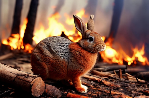 Rabbit on background of forest fire Poor fluffy bunny in dangerous natural disaster Concept take care of nature Generative AI