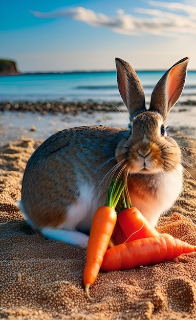 A rabbit on the beach with a carrot in its mouth