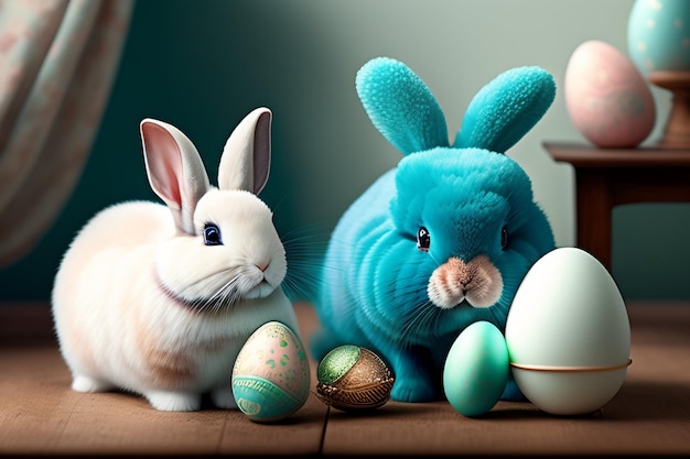 A rabbit and a bunny are next to a group of easter eggs.