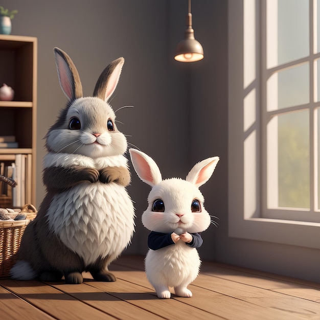 A rabbit and a bunny are standing in a room.