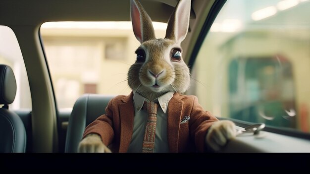 Photo a rabbit in a business suit rides in a car generative ai