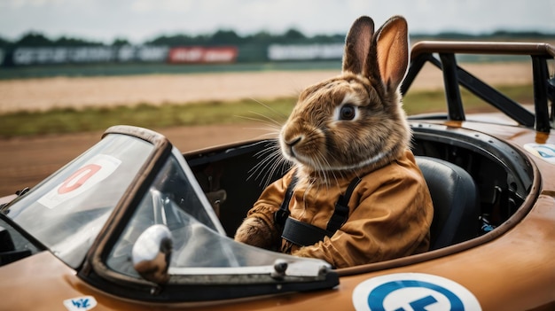 Photo a rabbit in a car with a sign that says rabbit on it