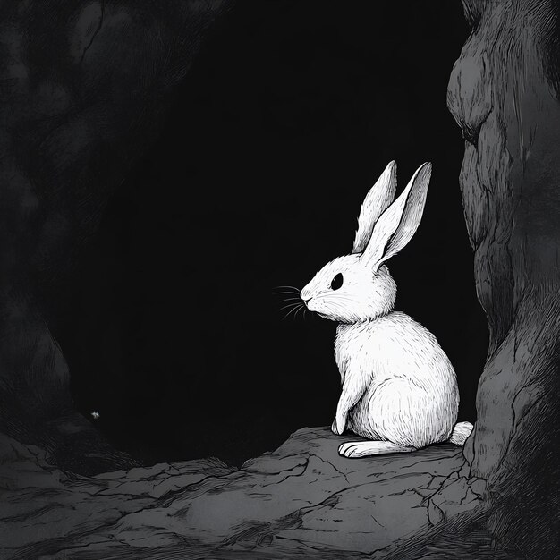 Photo a rabbit in a cave with a black and white picture of a rabbit