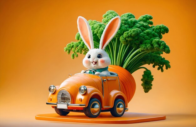 Photo a rabbit character driving a car designed like a carrot