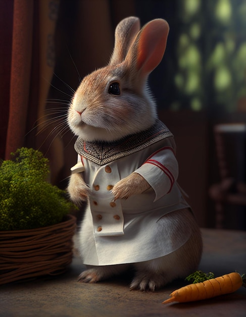 A rabbit in a chef suit stands next to a carrot.