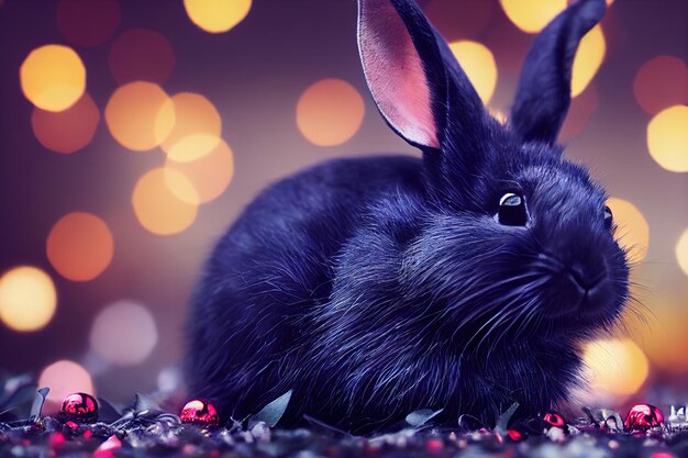 Rabbit for Christmas cute rabbit on the background of christmas lights Cheerful surprise