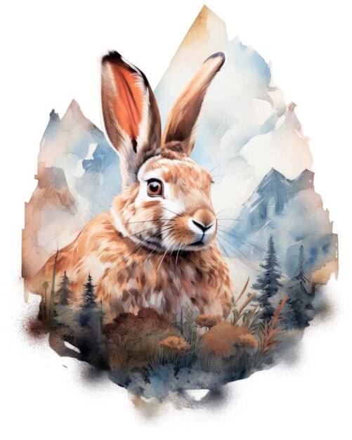 Rabbit Double exposure of a Rabbit and nature mountains trees in watercolor art