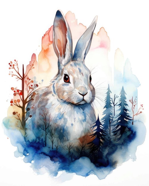 Rabbit Double exposure of a Rabbit and nature mountains trees in watercolor art