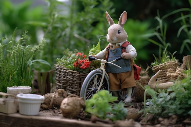 a rabbit dressed as a gardener surrounded by small gardening tools and blooming plants