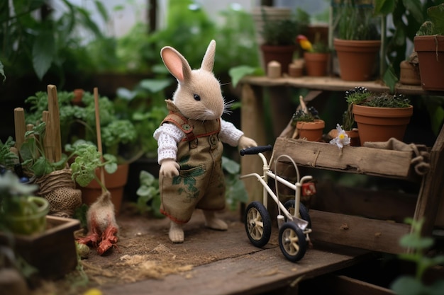 a rabbit dressed as a gardener surrounded by small gardening tools and blooming plants