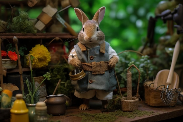 a rabbit dressed as a gardener surrounded by small gardening tools and blooming plants