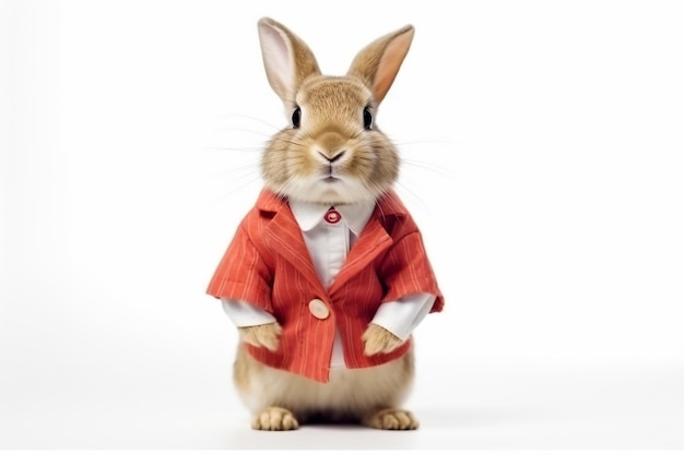 a rabbit dressed in a red jacket and white shirt