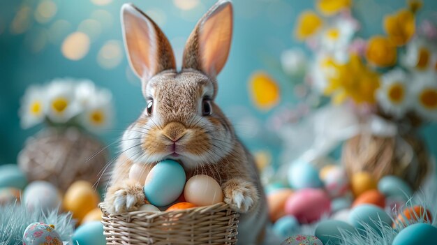 Rabbit and easter eggs in green grass with blue sky