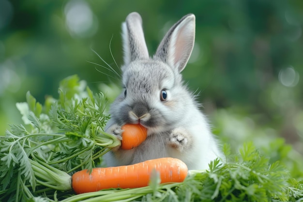 Photo a rabbit eating a carrot in the grass fluffy bunny enjoying a carrot picnic