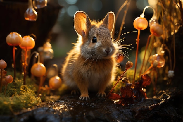 Rabbit exploring a maze of bright mushrooms in magic clearing generative IA